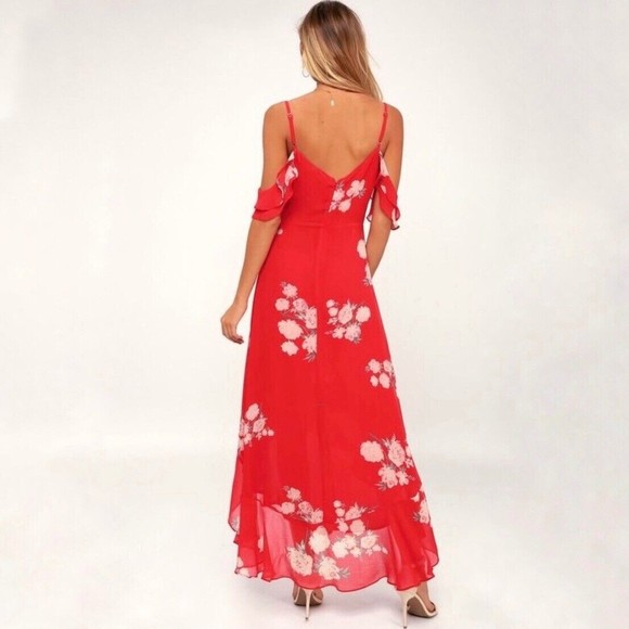 NWT LuLu’s Love in Bloom Dress Small Red Floral Print Off-the-Shoulder High-Low - Picture 3 of 11